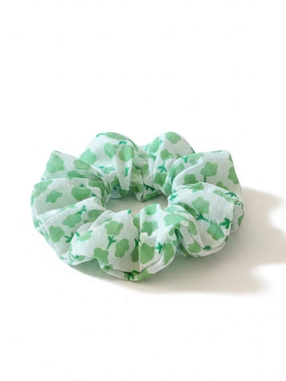 Lime Green Wild Flower Floral White Semi Sheer Chiffon Ponytail Holder Scrunchie